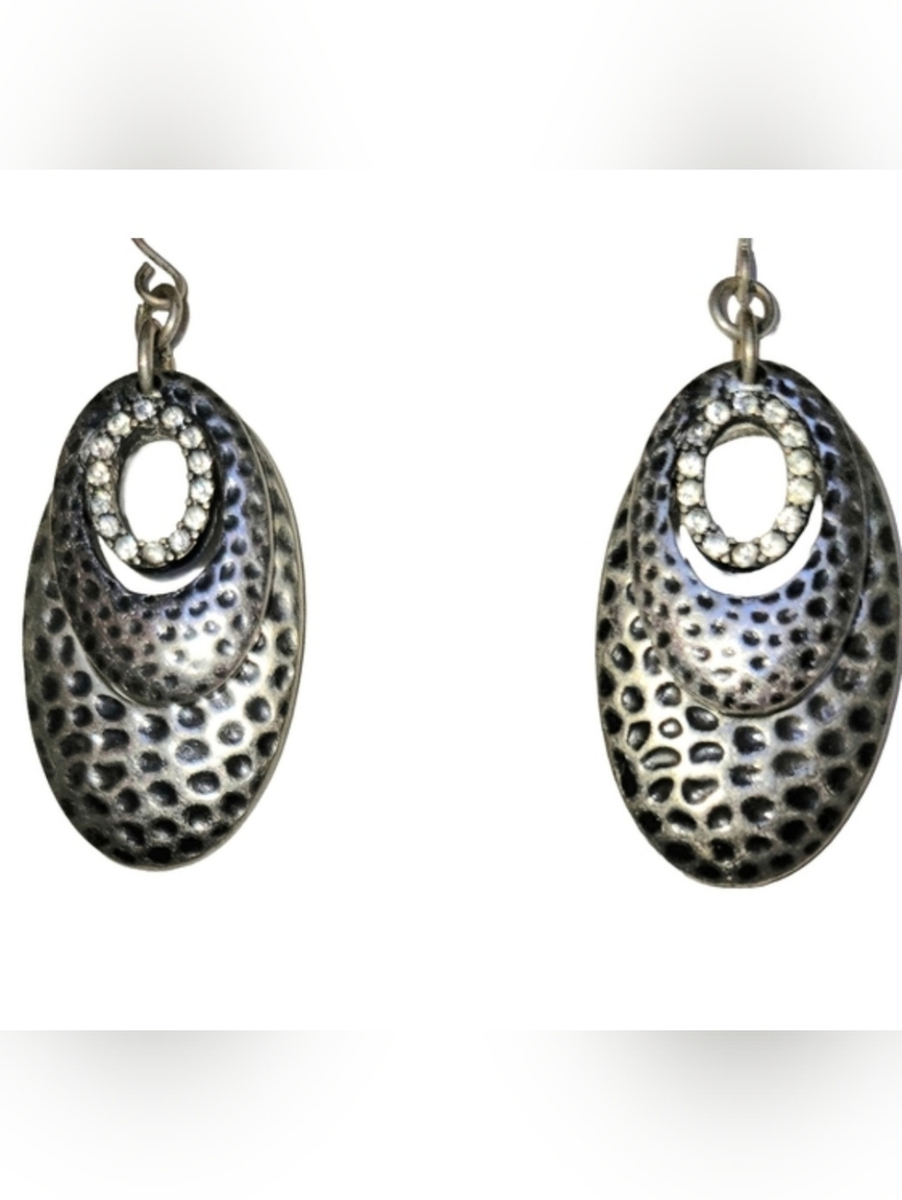 Hammered Metal Oval Drop Earrings With Crystal Embellished Center Oval Bohochic